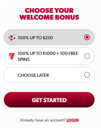 Pantalla para elegir entre el bono para deportes o casino Betista